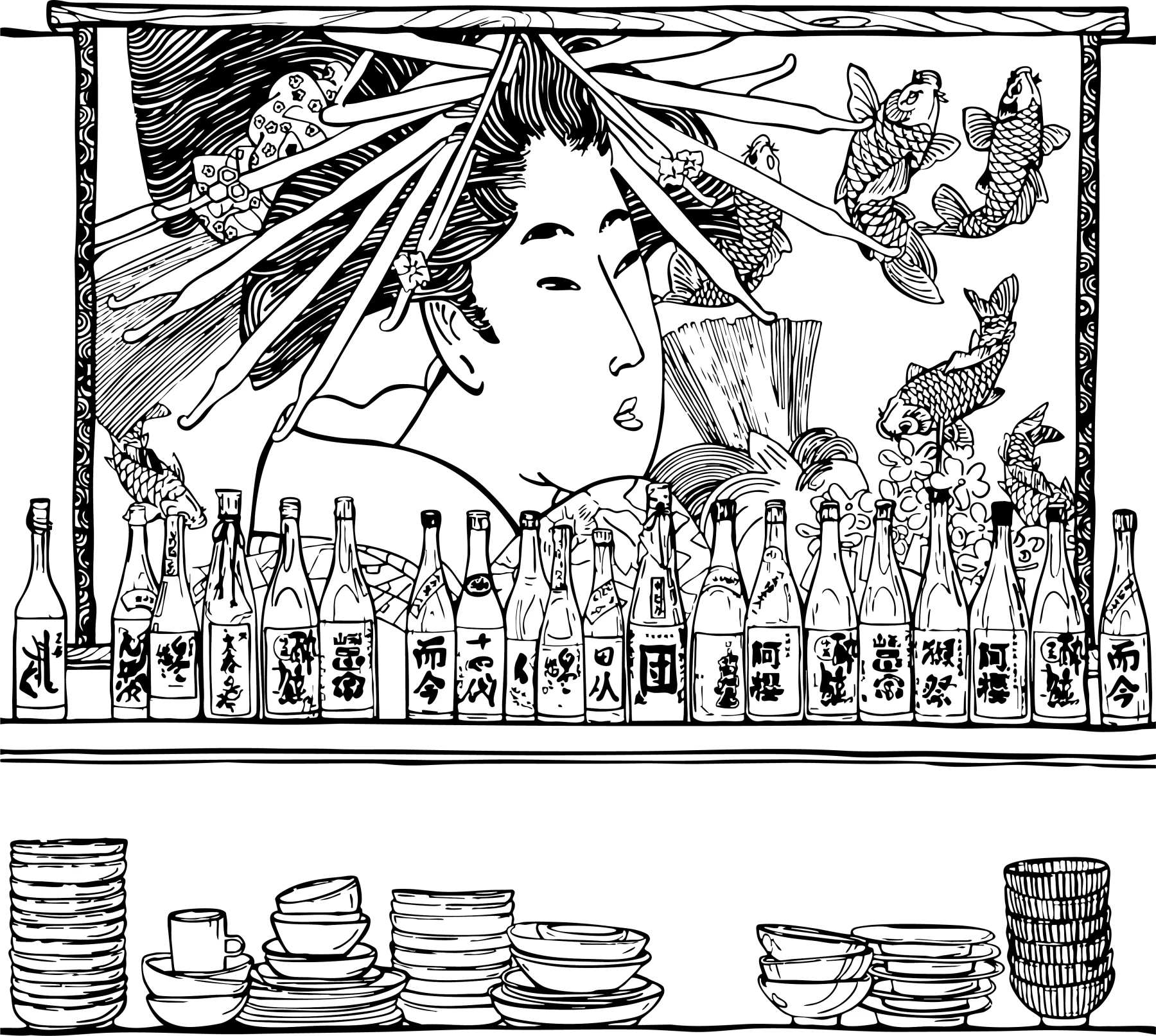 Mirim Yoo's black-and-white mural with sake bottles and fish